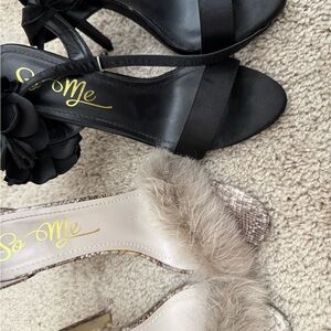 So Me Black and Beige Heels with Floral and Fur Accents